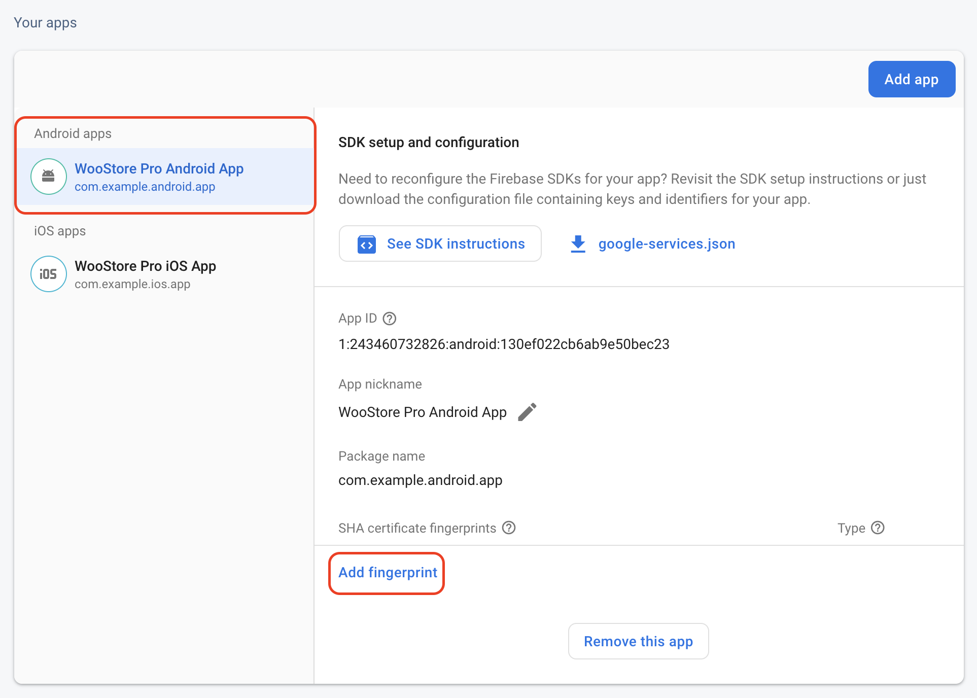 Firebase Console Android App Settings